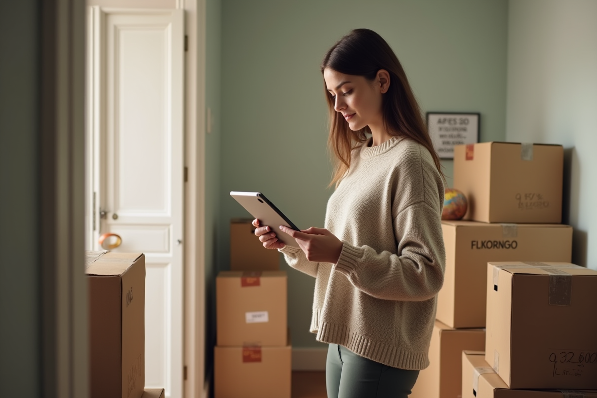 Jeune femme regarde une tablette près de cartons de déménagement