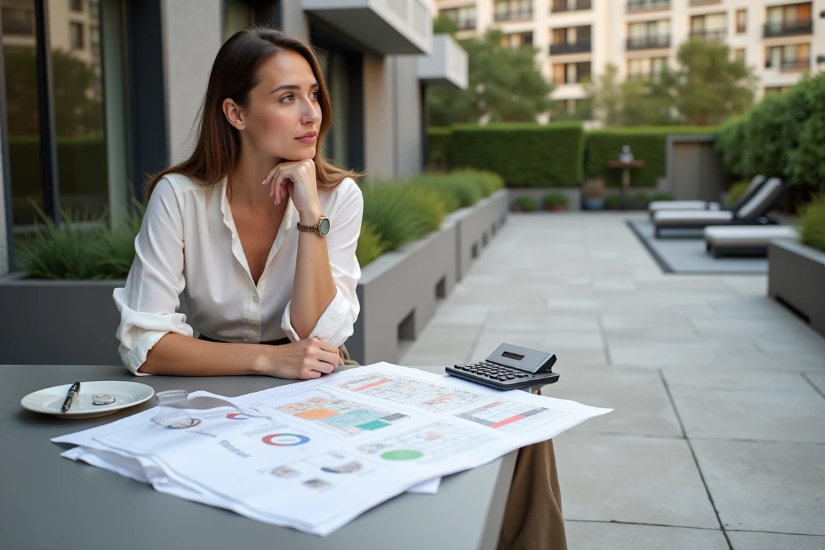 Femme planifiant un patio avec échantillons de carrelage