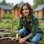 Femme plantant un jeune arbre dans un jardin communautaire
