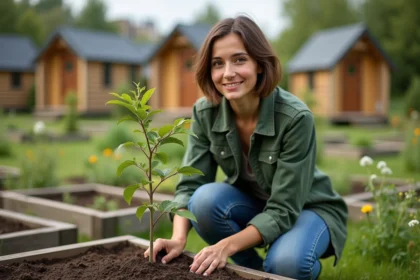 Femme plantant un jeune arbre dans un jardin communautaire