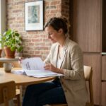 Femme en blazer beige examinant des documents immobiliers