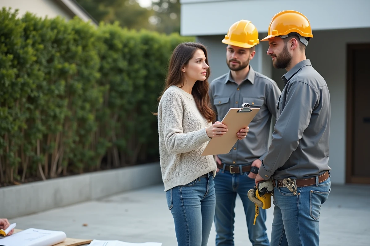 Jeune femme discutant avec des constructeurs sur une terrasse