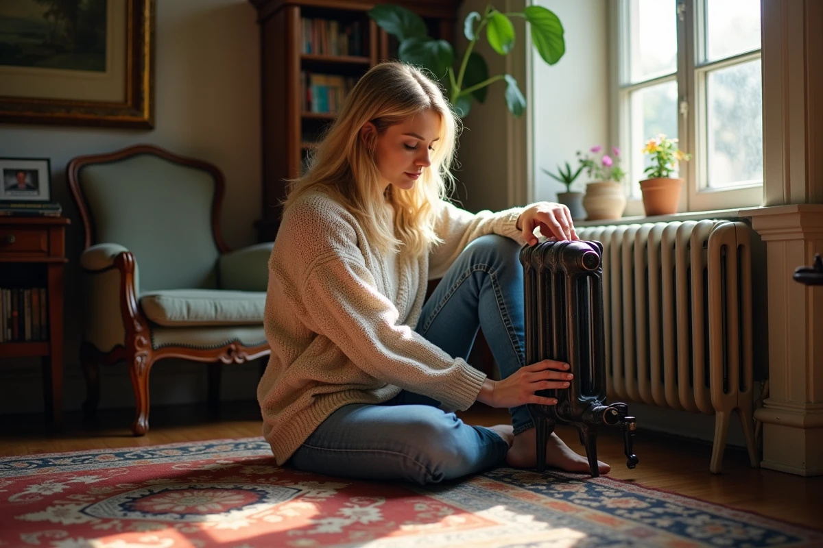Femme assise ajustant un pied de radiateur dans un salon lumineux
