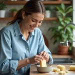 Femme en cuisine coupant du savon pour un article sur le {titre}