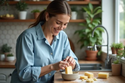 Femme en cuisine coupant du savon pour un article sur le {titre}