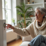 Femme ajustant un thermostat digital près d'un chauffage électrique moderne