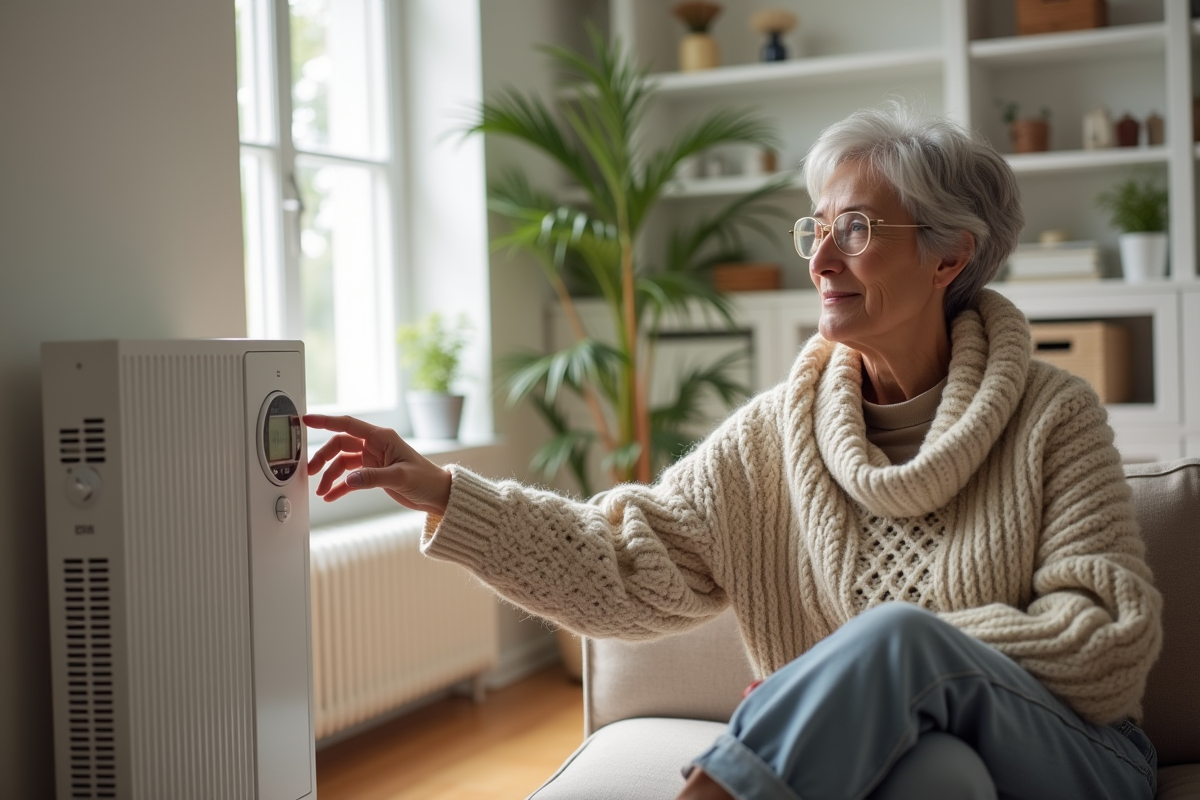 Femme ajustant un thermostat digital près d'un chauffage électrique moderne