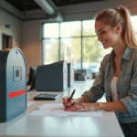 Femme souriante remplissant un formulaire de courrier à un bureau de poste