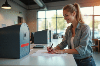 Femme souriante remplissant un formulaire de courrier à un bureau de poste