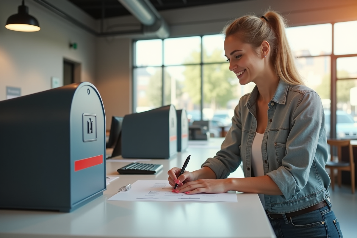 Femme souriante remplissant un formulaire de courrier à un bureau de poste
