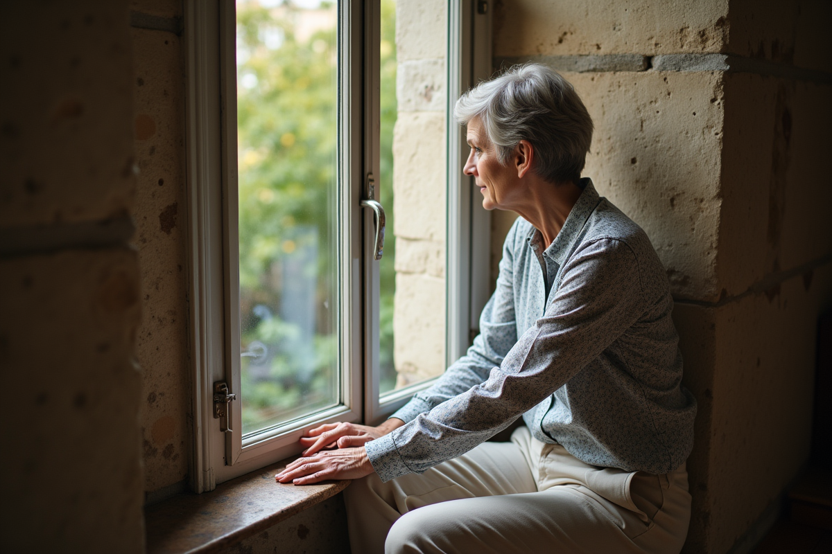 Femme examinant la jonction entre la fenetre et le mur en pierre