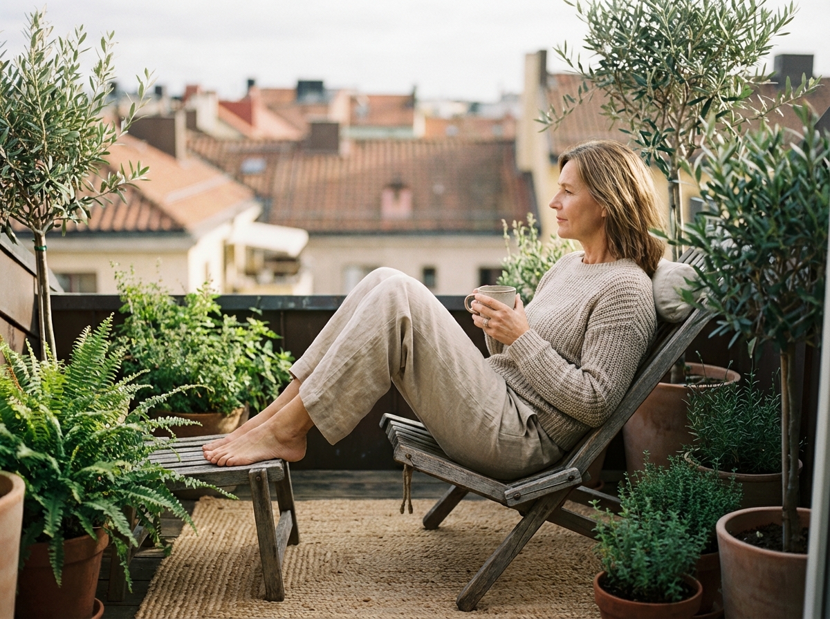 Femme détendue sur balcon urbain avec plantes et thé