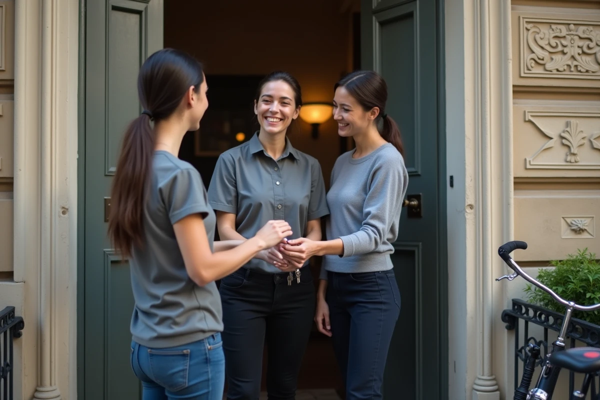 Serrurière souriante remettant des clés à un couple à Paris