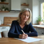 Femme signant une attestation dans la cuisine chaleureuse