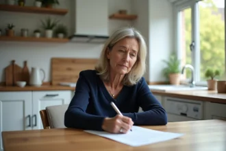 Femme signant une attestation dans la cuisine chaleureuse