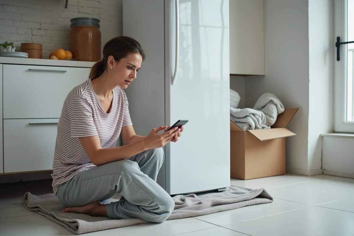 Femme consultant sur smartphone la notice d'un réfrigérateur neuf positionné couché sur des couvertures de déménagement