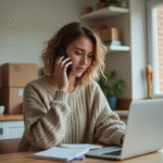 Femme au téléphone dans une cuisine avec cartons et ordinateur