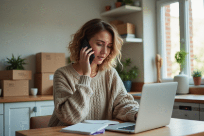 Femme au téléphone dans une cuisine avec cartons et ordinateur