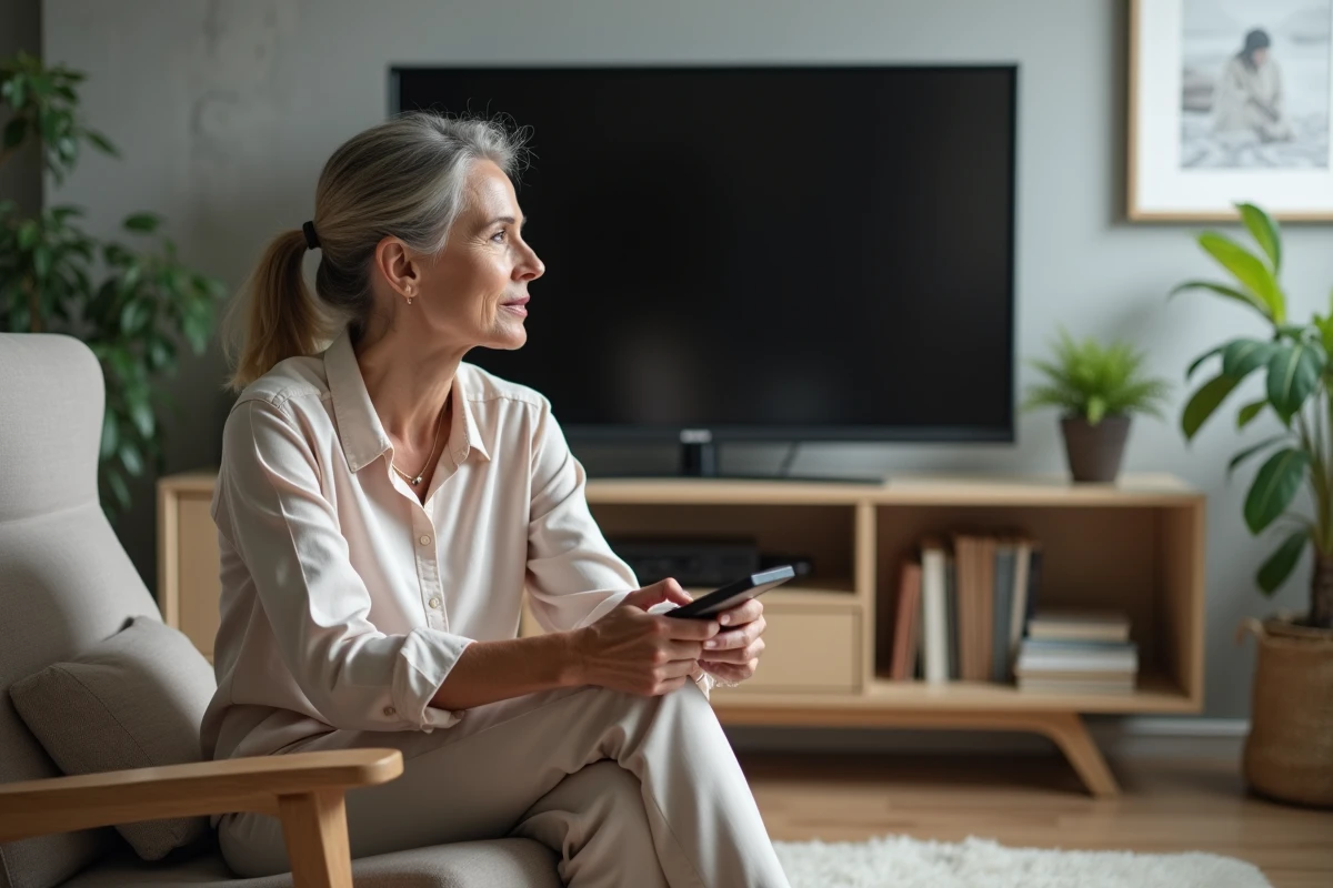 Femme assise admire son coin TV bien organise dans l