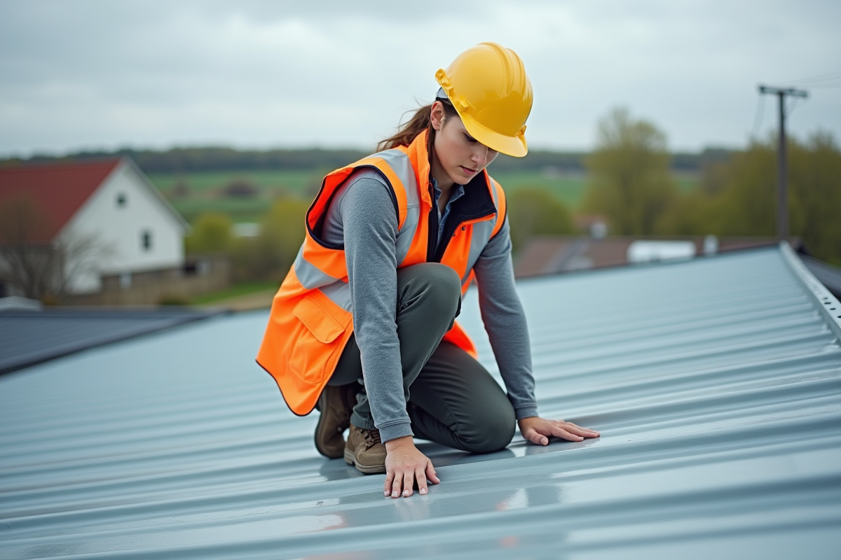 Femme portant un casque vérifiant le bord d