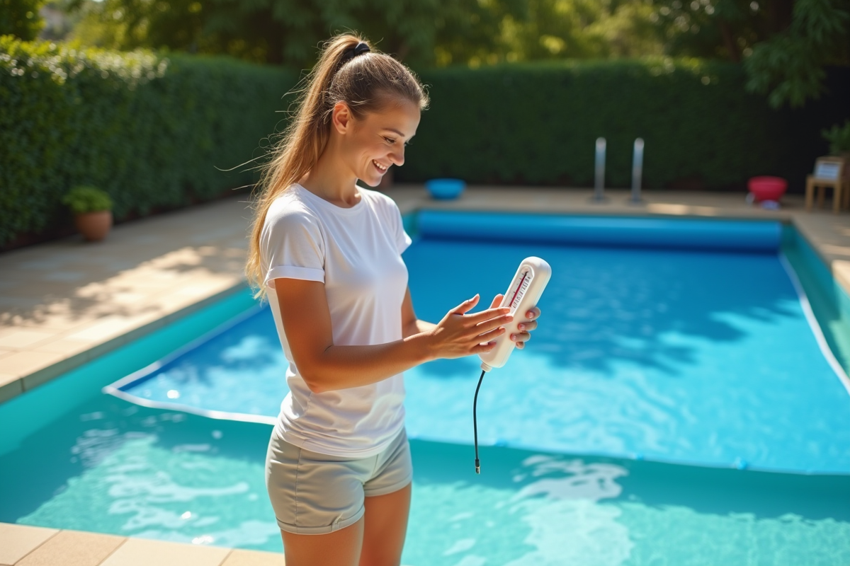 Jeune femme contrôlant la température de la piscine avec un thermomètre