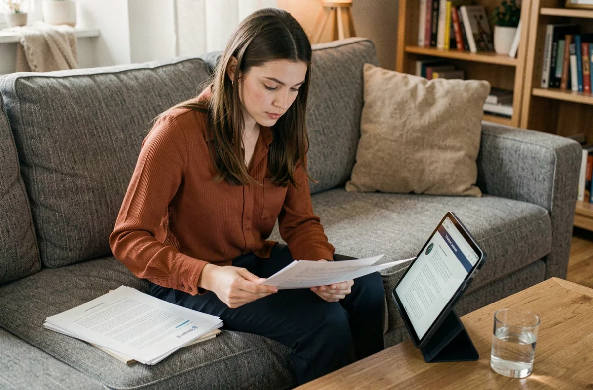 Jeune femme qui vérifie ses documents et son formulaire de contact sur tablette dans un salon pour obtenir une réponse plus rapide