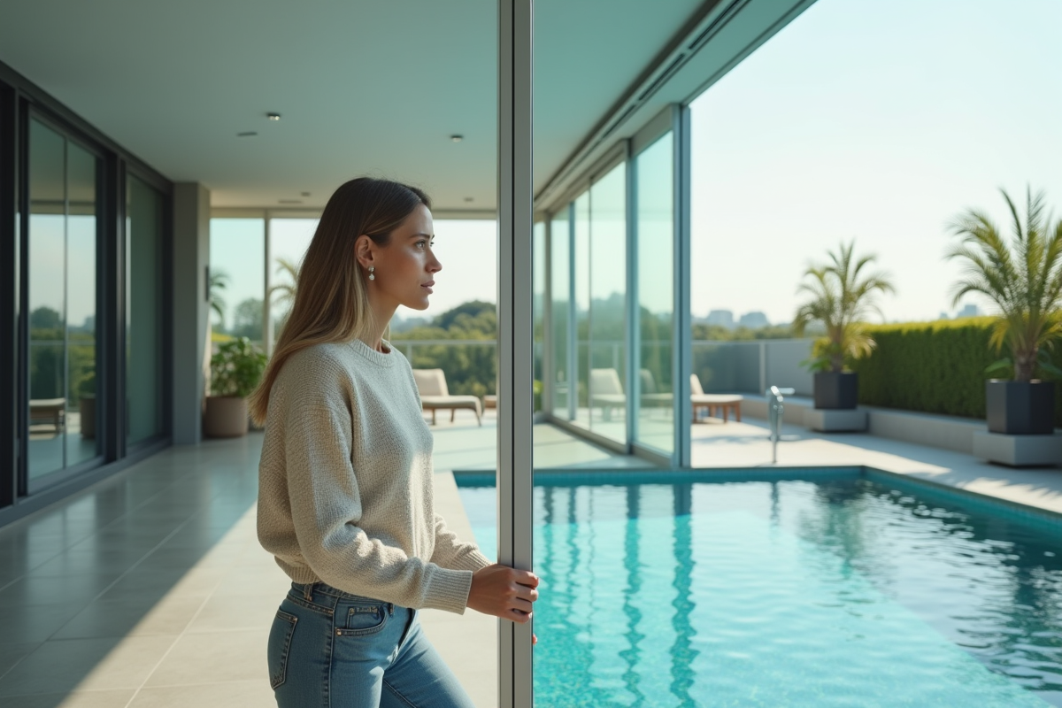 Femme en pull et jeans glisse un volet de piscine