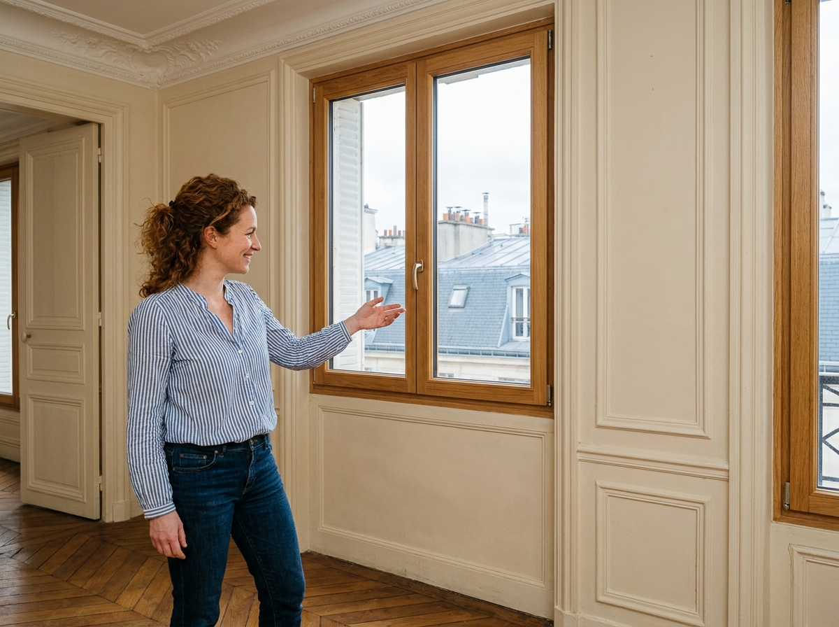 Femme devant une nouvelle fenêtre en bois double vitrage dans un appartement haussmannien rénové respectant le style d'origine