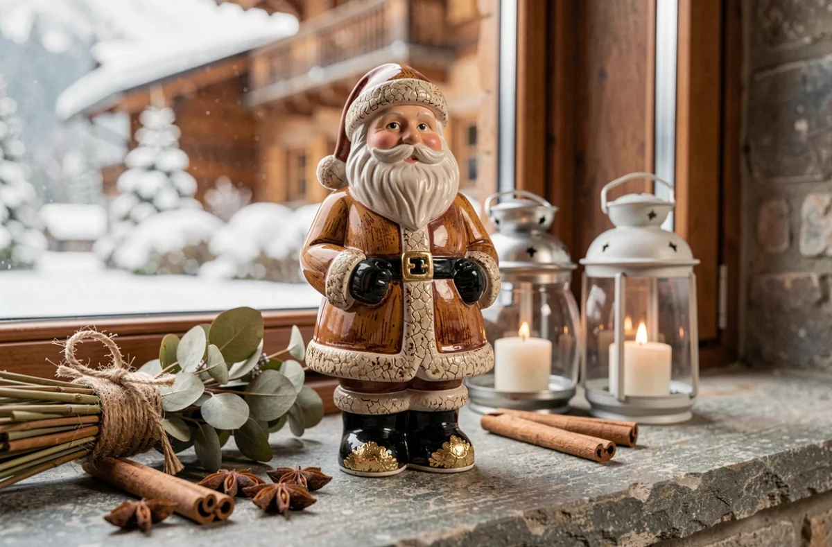 Gros plan d'un père Noël en céramique peinte à la main sur un appui de fenêtre de chalet avec lanternes et éléments botaniques