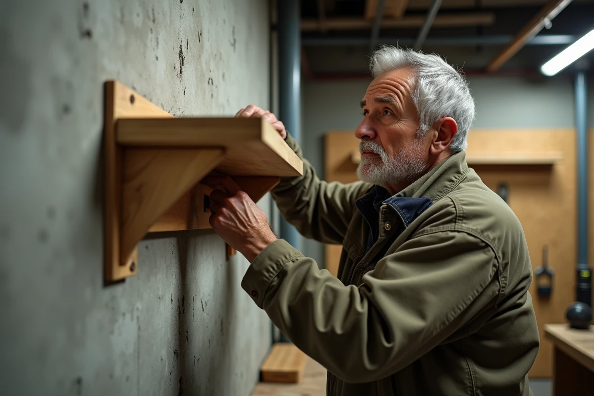 Artisan vissant une cheville dans un mur en béton brut pour fixer une étagère lourde
