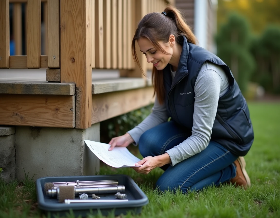 Femme bricolant dans un jardin extérieur avec des tiges filetées et cartouches de résine pour fixation chimique sur terrasse en bois