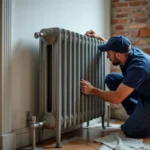 Plombier en train de fixer un radiateur en fonte lourd sur un mur en maçonnerie dans un appartement ancien