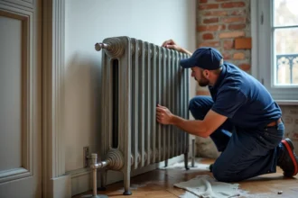 Plombier en train de fixer un radiateur en fonte lourd sur un mur en maçonnerie dans un appartement ancien