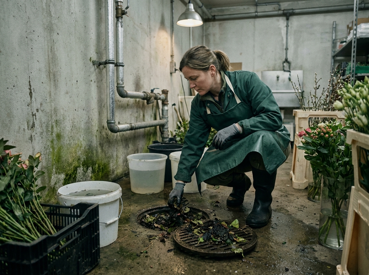 Fleuriste en tablier imperméable inspectant un siphon de sol encombré dans l'arrière-boutique humide