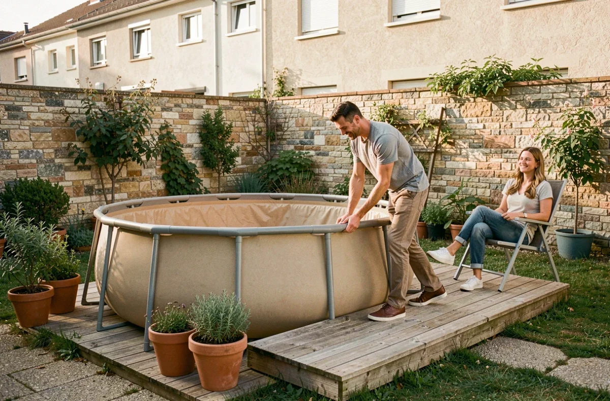 Couple installant une piscine hors-sol Freedom Piscines dans un jardin urbain de Toulouse avec terrasse en bois