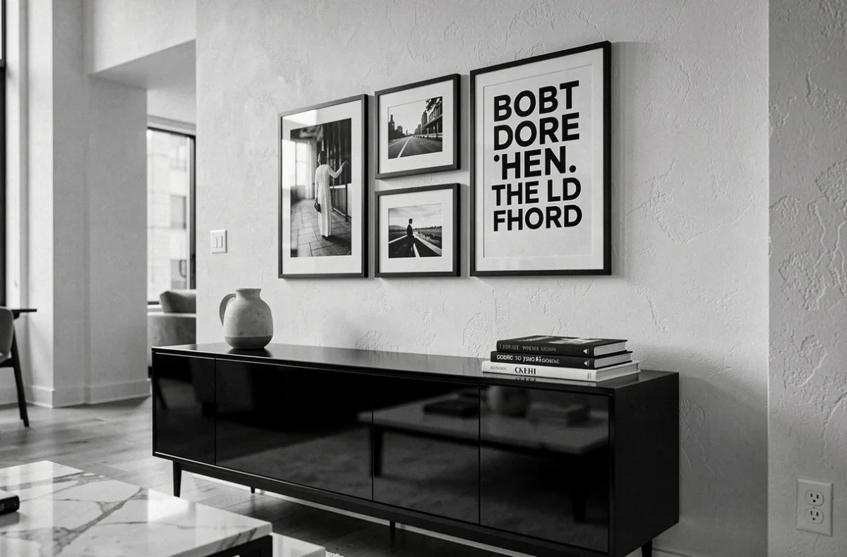 Gros plan sur une galerie murale noir et blanc avec affiches encadrées et buffet laqué noir dans un salon contemporain
