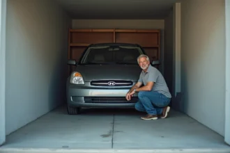 Garage étroit en béton avec voiture compacte et propriétaire inspectant l'espace latéral, solution d'aménagement Delpherm pour garages à faible largeur