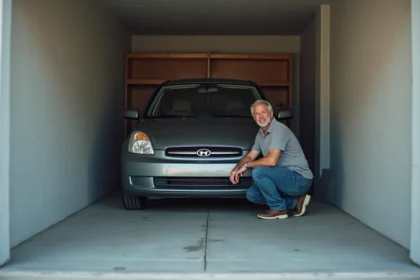 Garage étroit en béton avec voiture compacte et propriétaire inspectant l'espace latéral, solution d'aménagement Delpherm pour garages à faible largeur