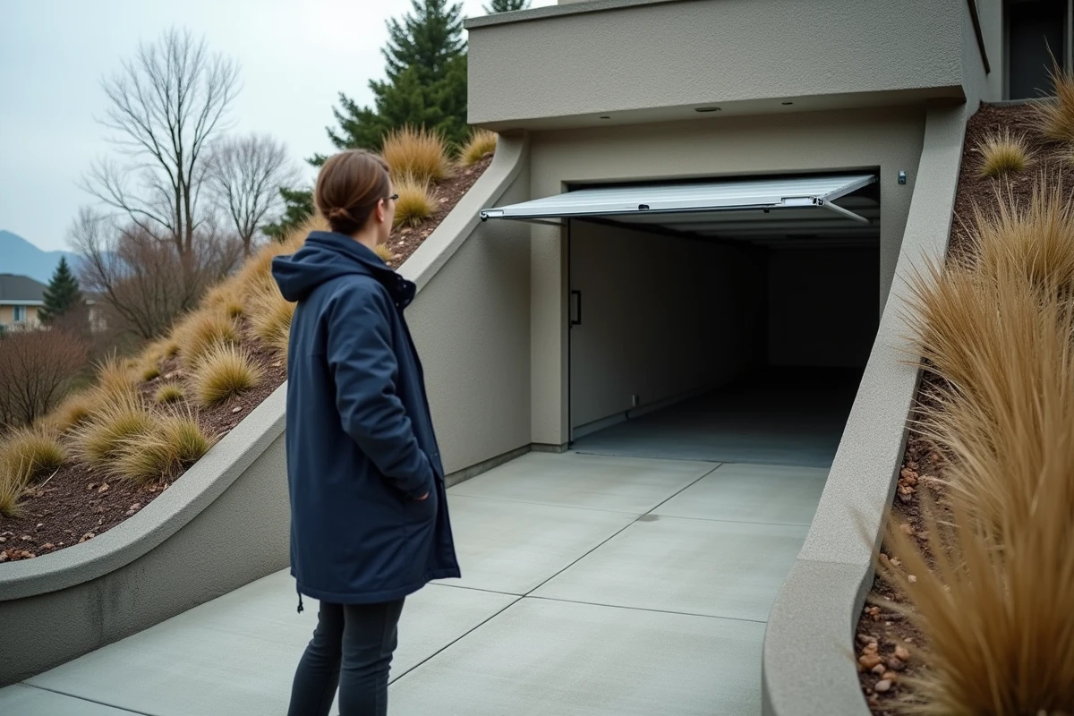 Entrée de garage sur terrain en pente avec mécanisme de porte adapté à l'inclinaison, aménagement Delpherm pour terrains inclinés en zone résidentielle