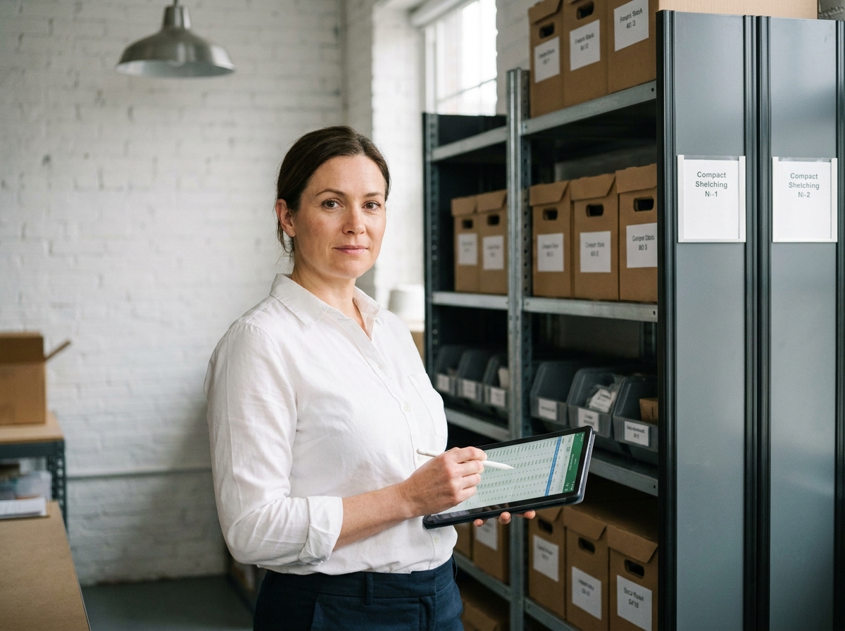 Femme professionnelle consultant un inventaire sur tablette devant un rayonnage compact dans une réserve de commerce bordelais