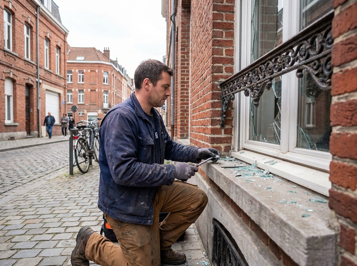 Artisan vitrier examinant une fenêtre endommagée dans la rue de Lille