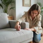 Femme utilisant une gomme à nubuck pour nettoyer un canapé en tissu gris clair dans un salon moderne