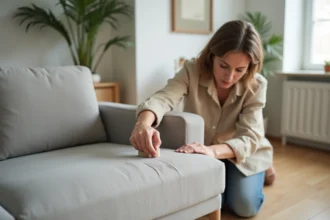 Femme utilisant une gomme à nubuck pour nettoyer un canapé en tissu gris clair dans un salon moderne