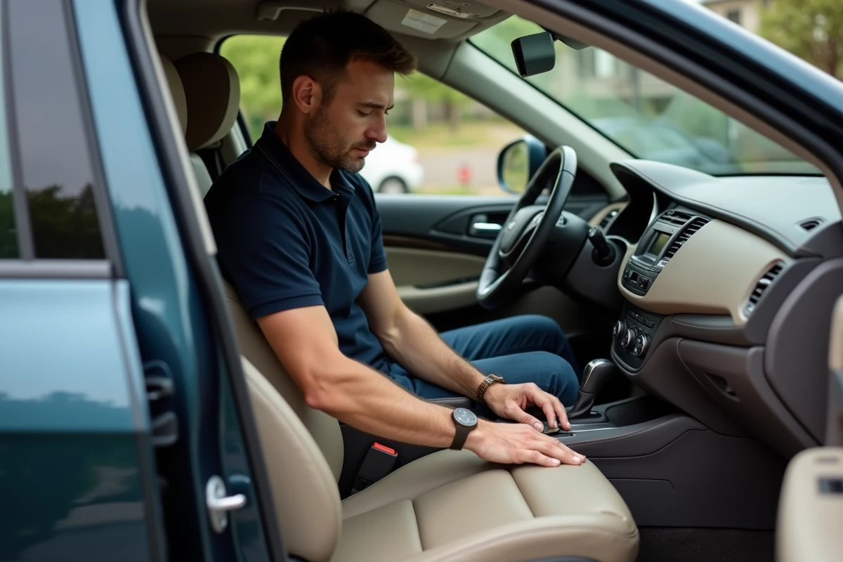 Homme nettoyant un siège auto en nubuck beige avec une gomme spéciale à l'intérieur d'une voiture