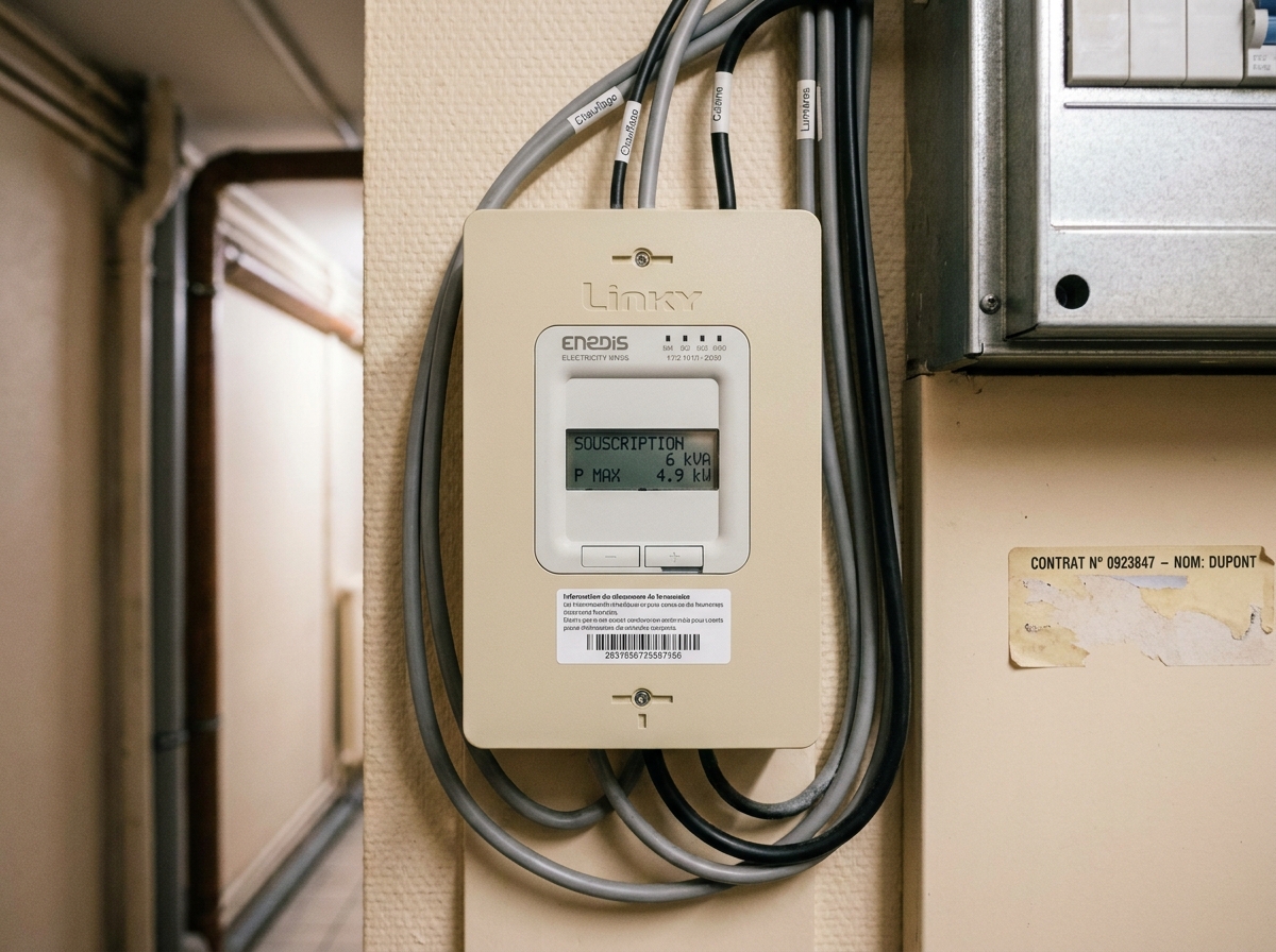 Gros plan sur un compteur Linky affichant la puissance souscrite dans un couloir d'immeuble résidentiel