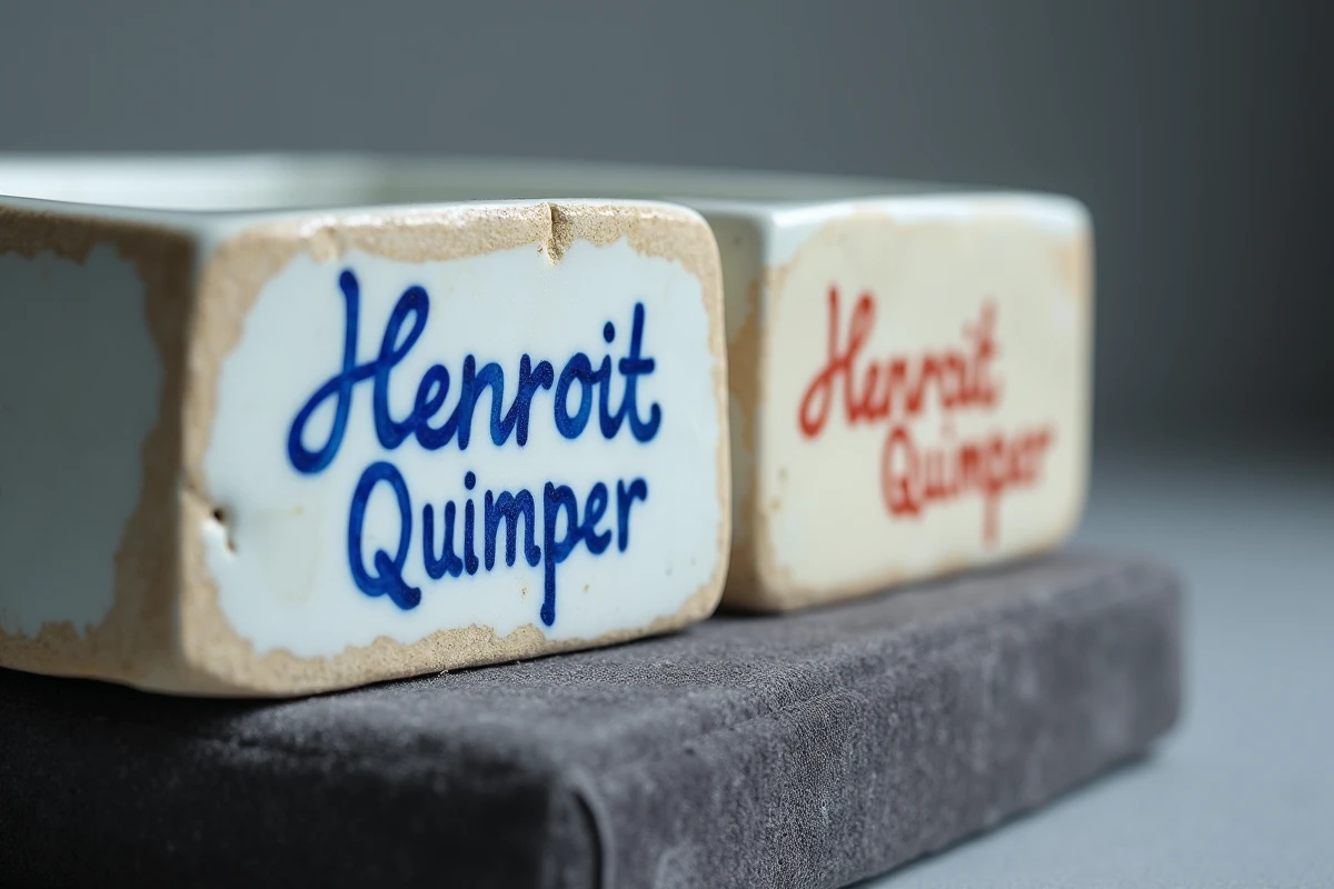 Gros plan comparatif d'une vraie et d'une fausse signature Henriot Quimper peinte sous une faïence bretonne