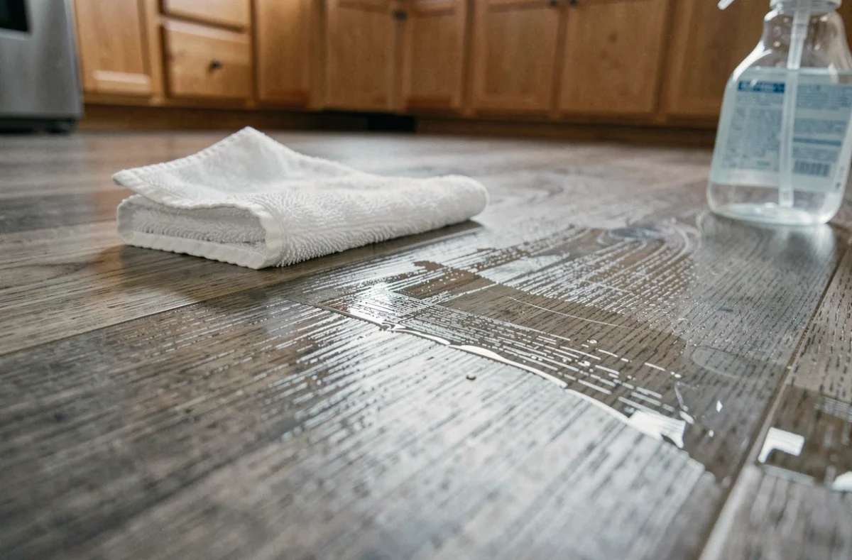 Gros plan sur un parquet stratifié en cours de nettoyage avec un chiffon microfibre et un spray, révélant l'éclat restauré du bois