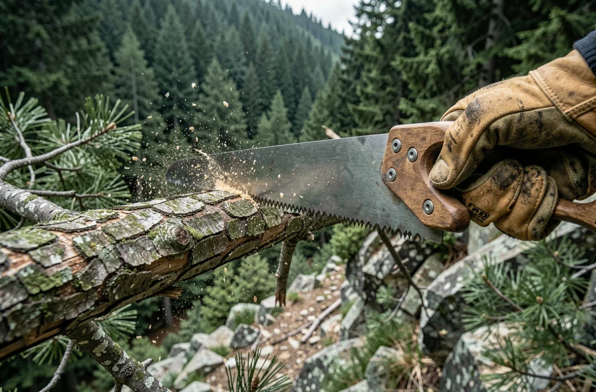 Gros plan de mains gantées d'un élagueur sciant manuellement une branche de pin épaisse dans un environnement forestier escarpé