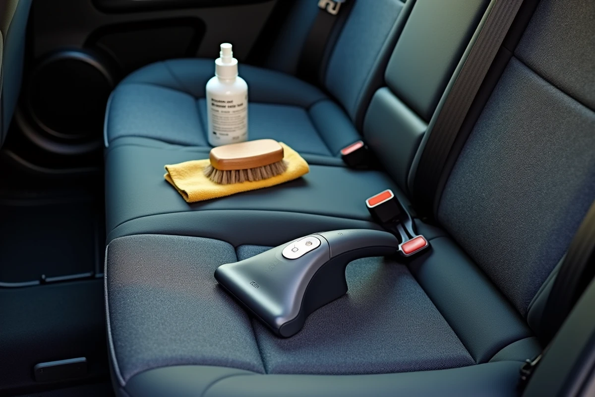 Gros plan d'une shampouineuse portable posée sur un siège en tissu anthracite de voiture avec accessoires de nettoyage automobile