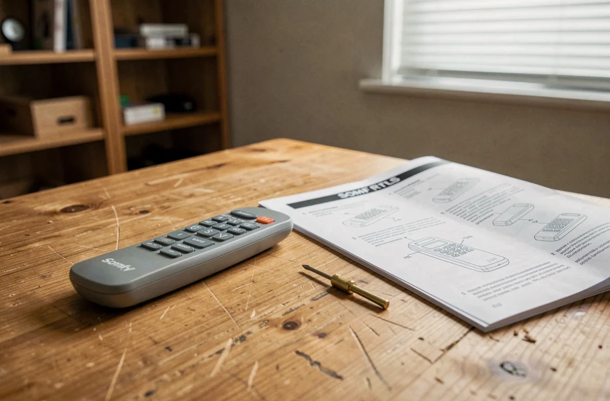 Gros plan d'une télécommande Somfy RTS Telis posée sur une table en bois avec notice technique et tournevis pour illustrer la reprogrammation de volet roulant